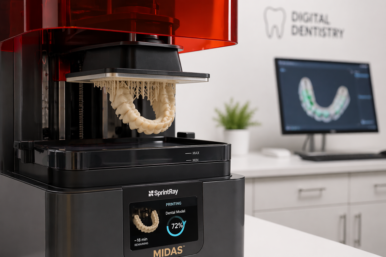 Modern 3D dental printer creating a restoration